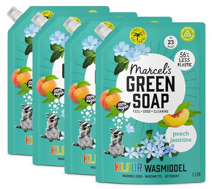 Marcel’s Green Soap Colour Washing Liquid Peach & Jasmine Refill – Laundry Detergent Refill – Vegan – Palm-oil free - For 23 Washes - 4L, 1L (Pack of 4)