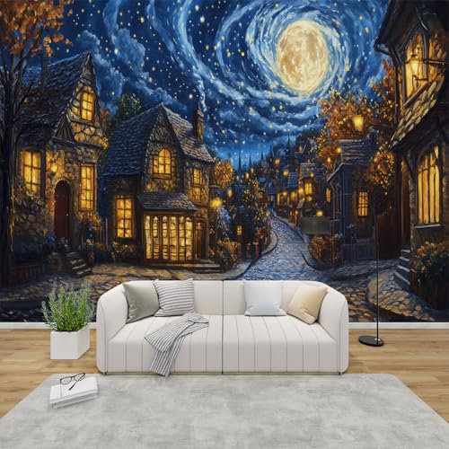 PaxGloz Fototapete Märchenhafte Stadt Tapete Sternenhimmel Märchen Tapeten Vliestapete Modern Wandtapete Wohnzimmer Schlafzimmer Kinderzimmer Wanddeko Motivtapeten 450 x 315 cm (B x H)