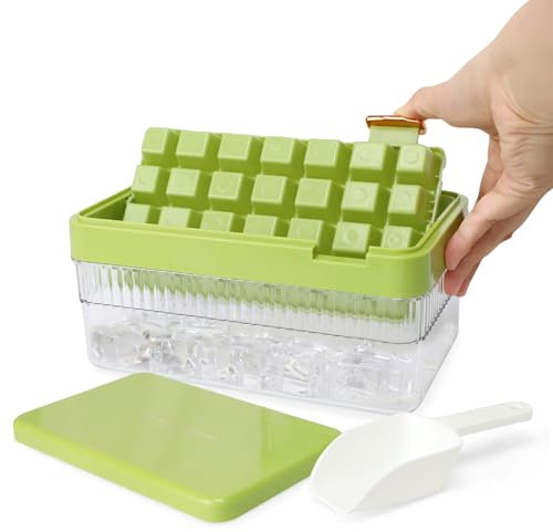 DOINEUFL,Ice Cube Tray with Lid and Storage Box,28 Ice Green Ive Cube Maker,Easy Flip Ice Trays for Freezer,Plastic Ice Cube Moulds for Perfect Ice Cubes,Easy Release Ice Maker Trays,BPA-Free