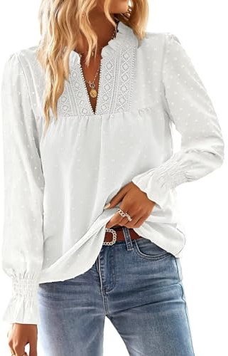 TUUHAW Tops for Women UK Elegant V Neck Autumn Flowy Ruffled Lace Blouse | Trendy Flowy Autumn Blouse, Ruffled Long Sleeves, Dressy Casual Bohemian Tunic, Swiss Dot Lace Edges, Casual Chiffon Style
