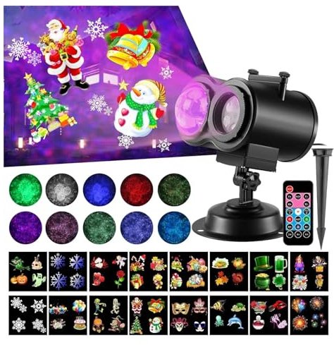 Luci Natale Esterno, 1pc Decorazioni di Halloween più Luminose Luci del proiettore e Natale all'aperto, aggiornamento 16 Effetti HD (Onde e Motivi 3D)