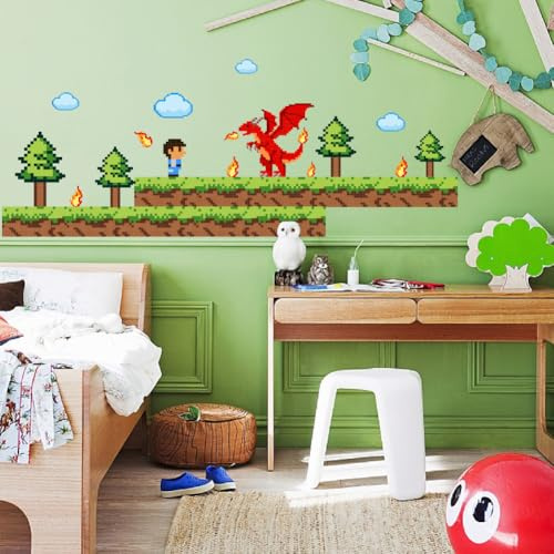 SUPERDANT Pixelspiel Wandsticker Kinderzimmer Spielzimmer Deko | Selbstklebend,Vinyl,96×30cm,2 Blätter,Gaming Motiv,Haftet Auf Glatten Oberflächen,Nicht Transparent