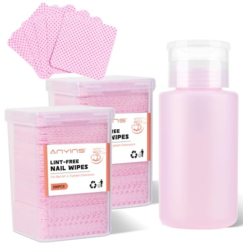ANYINS Lint Free Nail Wipes, 400Pcs 1 Pull-Off Pump-Style Bottle Suitable for Nail Wipes for Fingernail