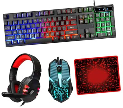 PERSELOSO Wired Keyboard Mouse Headset Combo with Backlit Ergonomic USB Keyboard Mouse and Gaming Mousepad for Office and Computer Accessories