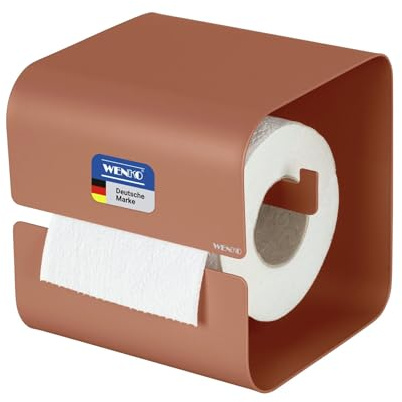 WENKO Turbo-Loc Toilettenpapierhalter Mod. Lizan, aus Stahl, selbstklebend, Starke Haftung, Wandmontage ohne Bohren, WC-Papierhalter mit Abdeckung, WC-Rollenhalter für Bad und Gäste-WC, braun matt