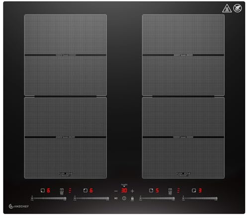 AMZCHEF Induktionskochfeld 60cm mit 2 Flexzonen und Booster | 4 Zonen Induktionskochplatte mit leisem Betrieb, 9 Leistungsstufen, BBQ Funktion, Pausenfunktion und Warmhalten, 7400W