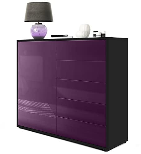 Vladon Sideboard Ben V2, Made in Germany, Kommode mit 1 Tür und 5 Schubladen, Schwarz matt/Brombeer Hochglanz (79 x 74 x 36 cm)
