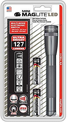 Mag-Lite Mini Maglite 2AA Hochleistungs-LED-Taschenlampe, 77 Lumen, 17 cm titan-grau inkl. 2 Mignon-Batterien und Nylonholster, SP2209H