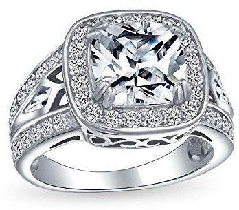 Vintage Antique Art Deco Stil 3Ctw Aaa Cz Pave Halo Quadrat Cushion Cut Solitär Verlobungsring Für Frauen .925 Sterlingsilber Split Pave Cubic Zirconia Seite Stein Filigree Band