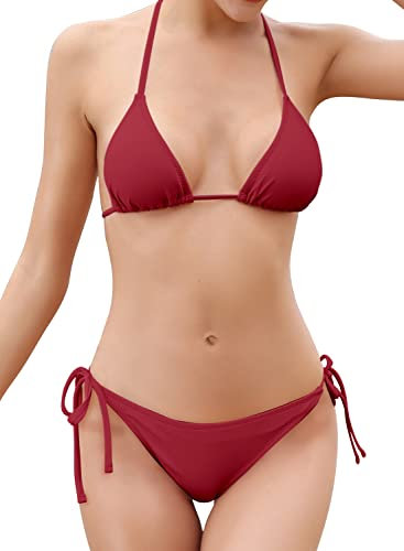 SHEKINI Sexy Halterneck Triangolo Brasiliana Bikini Donna Push-Up Costumi da Bagno Donna Due Pezzi Beachwear Donna Mare e Piscina (Small, Vino Rosso)