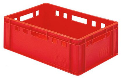 Pack of 5 Red 40 Litre Strong Plastic Euro Stacking Containers (60 x 40 x 20cm) Stackable Boxes with Hand Holes and Solid Sides and Bases