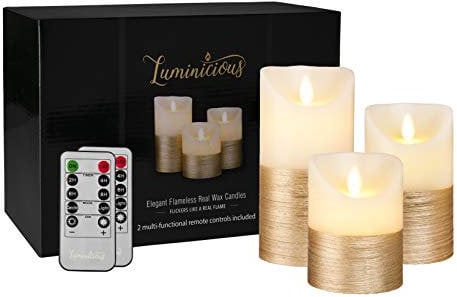 Gold LED Candles Flameless Flickering Battery Operated Electric Pillar Candle | Realistic Flicker Moving Flame | 2 Remote Controls & Timer, Real Wax Decorative Ivory with Gold Trim | Home Decor Gift