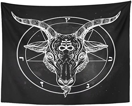 Emvency Tapisserie Pentagramm mit Dämonen Baphomet Satanischer Ziegenkopf Binärsymbol Tattoo Retro Musik Sommer für Biker Schwarz Home Decor Wandbehang für Wohnzimmer Schlafzimmer Wohnheim 152x203cm