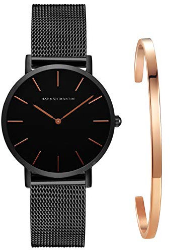 Kubagom Damen Uhren Analog Quarz Edelstahl Wasserdicht Mesh Ultradünne Set mit Armreif (Schwarz Oberfläche,Schwarz Armband, Rosegold Armreif 2)