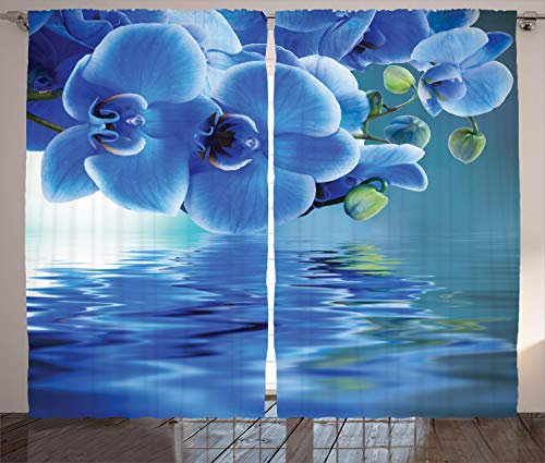 ABAKUHAUS Blume Rustikaler Vorhang, natürliche Orchideen, Wohnzimmer Universalband Gardinen mit Schlaufen und Haken, 280 x 225 cm, Blau