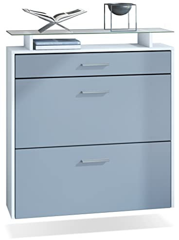 Vladon Schuhschrank Malea, hängender Schuhkipper für 16 Paar Schuhe mit 2 Klappen und 1 Schublade und Glasablage, Weiß matt/Denim matt (89 x 96 x 23 cm)