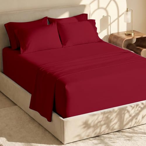 Hearth & Harbor Extra Deep Pocket Queen Sheets Set - 6 Piece Queen Size Sheets - Burgundy