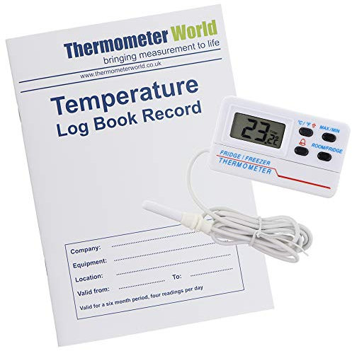 Temperature Log Book With Digital Fridge Freezer Thermometer With Temperature Warning Alarm and Max Min Feature and 1.2m Cable