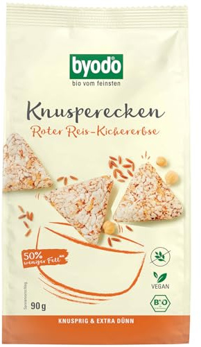 Bio Knusperecken Roter Reis-Kichererbse von Byodo Vegan & Glutenfrei | Nussig-Orientalischer Snack | 50% Weniger Fett | Ideal für Hummus & Curry-Mango Sauce | 90g | Knusprig, Hefefrei, Ohne Zuc