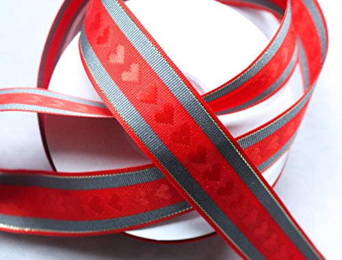 CaPiSo 22m Ripsband 25mm Breite 2,5cm Schleifenband Geschenkband Dekoband Weihnachten Hochzeit (Herz Rot-Silber, 22m)