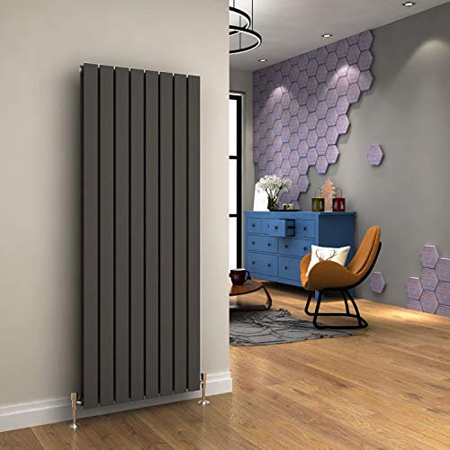 ELEGANT Modern Vertical Radiator Double Designer Heater Grey Tall Upright Radiators Wall Panel 1600 x 608 mm + Thermostatic Valves Set Chrome