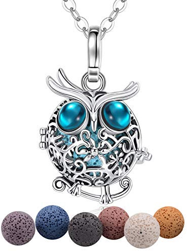 EUDORA Harmony Ball Eule Halskette Aromatherapie Kette Halsketten für Frauen Damen Anhänger Aroma Oel Diffuser Charme Schmuck Geschenk Natürlicher Lavastein Perlen Kette 7 PCS,24