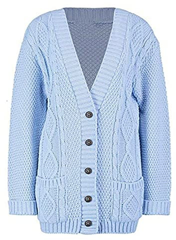 LUXE DIVA New Womens Everyday Long Sleeve Button Top Ladies Chunky Aran Cable Knit Grandad Cardigan UK Size 8-26 Sky Blue
