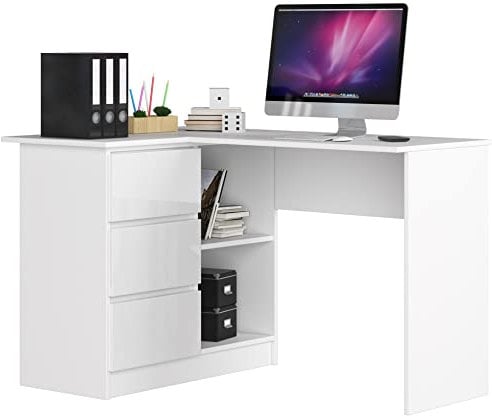 AKORD Eck-Schreibtisch B-16 mit 3 Schubladen und 2 Ablagen | Schreibtisch | ecktisch | Eck Schreibtisch für Home Office | Einfache Montage | B124 x H77 x T85, 48 kg Weiß & Weiß Glänzend Front