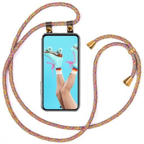 moex Handykette für Samsung Galaxy S21 FE 5G Hülle mit Band abnehmbar, Handyhülle mit Kette zum Umhängen, Handyband 155 cm lang Stoff Kordel Umhängehülle, Handy Umhängeband, Rainbow