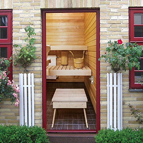 LuSeven türtapete günstig Sauna Holzbretter Hocker 95x215cm(37.4 inches * 84.64 inches) Türtapete Selbstklebend Türfolie Poster Tapete Türaufkleber XXL Aufkleber Folie| Türposter Türklebefolie
