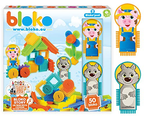 BLOKO – Estuche 50 BIoko con 2 Figuras temáticas de los 3 cerditos y el Lobo – a Partir de 12 Meses – Fabricado en Europa – Juguete de construcción 1ª Edad – 503709