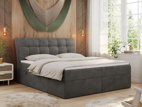 MKS MEBLE Boxspringbett 180x200 Grau Samt, Bett mit Multipocket Matratze H3 und Topper, Polsterbett 180x200 mit Bettkasten und Kopfteil, DIEGOS Dunkelgrau Velvet