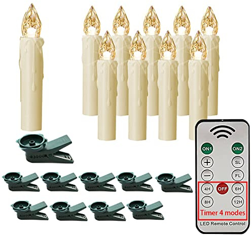 HANNAHONG 10 PCS LED Flameless Taper Candles with Remote,Small Mini Electric Dimmable Flickering Fake Wax,Battery Operated Window Clips Lights for Stick Candelabra,Wreath,Christmas Tree Decor