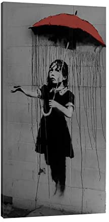 Vintage Inneneinrichtung Roter Regenschirm Mädchen Banksy Graffiti Street Art Marmor Textur GICLEE Leinwand Wandkunst für Wohnzimmer Dekor 100x50cm Innenrahmen