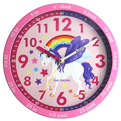 Ravel Orologio da parete per bambini, 25 cm, per insegnare l'ora, R.KC.10, analogico, al quarzo, con unicorno/quadrante rosa