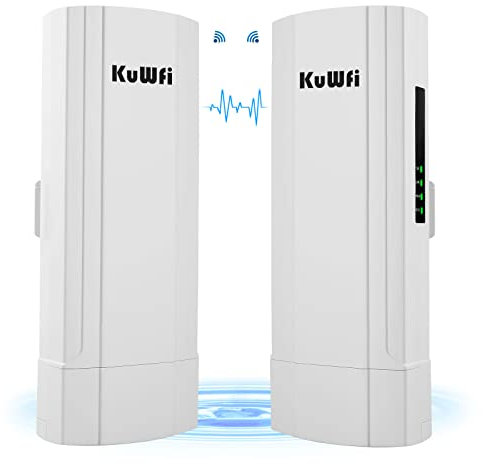 KuWFi Puente inalámbrico de doble puerto Gigabit para exteriores, paquete de 2 5.8 G 900 Mbps punto a punto puente WiFi al aire libre con transmisión potente de 6 km IP65 impermeable
