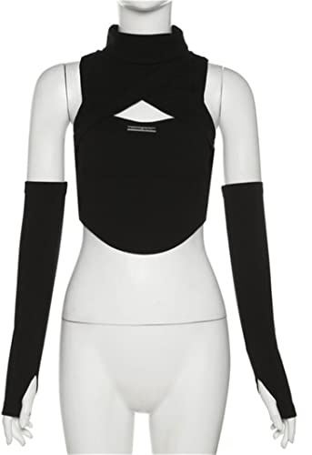 MENGQING Dark Cyber Y2k Débardeurs ajourés Punk Gothique Col Roulé Femmes Sexy Crop Top avec Gant Manches Skinny Streetwear - Noir, M