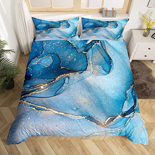 Blue Marble Duvet Cover Set Single Size, Abstract Watercolor Marbling Bedding Set 2pcs for Kids Boy Girls Room Decor, Gold Glitter Comforter Cover Soft Polyester Quilt Cover with 1 Pillowcase