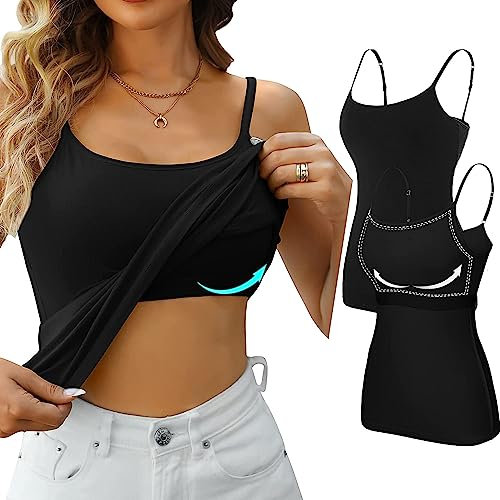 Attraco 2 Stück Baumwolle Top Regal BH Camisoles unterhemd Verstellbare Spaghetti Strap Tank Tops Scoop Neck Layer Cami Schwarz*2 M