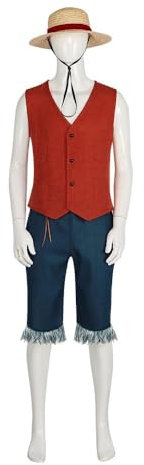 VintageCos Luffy Cosplay Costume Monkey D Luffy Classic Suit with Straw Hat New Movie Men's Anime Costume for Halloween, Red and Blue, XL