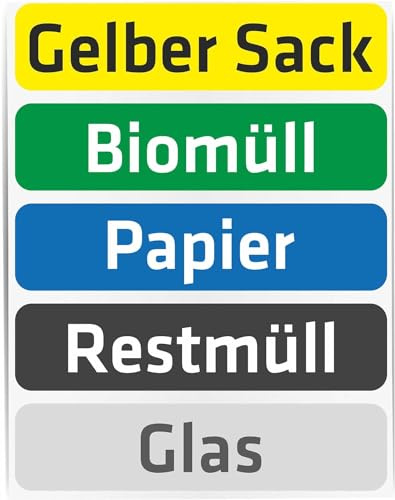 INDIGOS UG - Mülleimer Aufkleber - SET 17 Stück - 110x25-200x47 mm - Biomüll - Restmüll - Gelber Sack - Glas - Papier - Beschriftung Mülleimer - Mülltonne - privat - Hausgemeinschaft - Firma - Büro