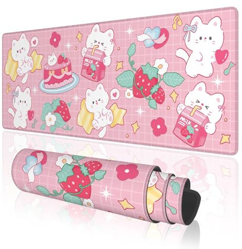 TOXXU Pink Kawaii Cats Large Gaming Mouse Pad for Girl with Anti-Slip Base, Cute Cartoon Strawberry Cat Extended XL Mousepad, Desk Mat with Stitched Edges for Desk, 31.5 x 11.8 in, Pink