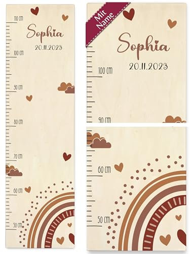 Kinder - Kindermotiv Regenbogen Wolken mit Namen Kindermesslatte Kinderzimmer Messlatte - 50-110 cm - Holz - rainbow kind