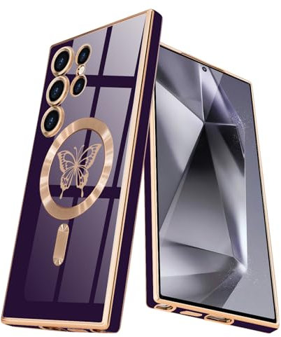 Lafunda magnética Funda para Samsung Galaxy Ultra S24 5G Mujeres y niñas Carcasa Compatible con MagSafe Caso de Bonita Mariposa chapada a Prueba de Golpes para Samsung Ultra S24 5G Violeta Oscuro