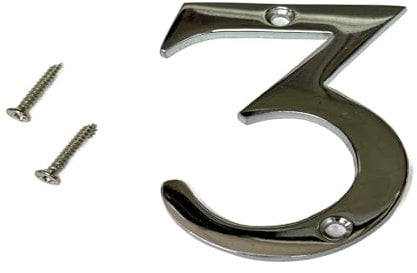 3 Inch Polished Chrome Screw-On Number 3 – House Door Numeral for Front Door, Gate, or Address Sign