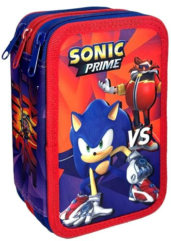 Clondo Astuccio 3 Scomparti 3D Bambini, Per Sonic Prime Fan, Triplo Riempito, 44 Accessori Scuola Elementare Bambino, 3 Zip, 20 Centimetri