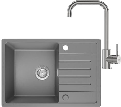 Cucina lavelloLavello Cucina 1 Vasca con Gocciolatoio 65 x 45 cm, Lavello in Granito Nero, Lavello Cucina 1 Vasca, Lavello Cucina ad Installazione Reversibile, con Sifone Classico e Troppopi