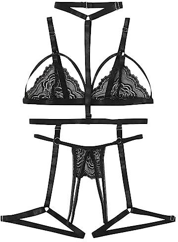 Plus Größe Unterwäsche BH + Thong + Strumpfhose Spitze Sleepkleidung Black Women Set Unterwäsche Weihnachtsengel Dessous (Black, S) 2024 Sexy Unterwäsche