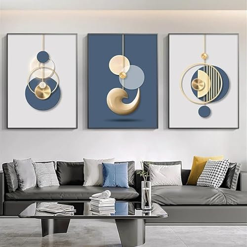 JLCZBT 3er Set Leinwand Bilder Wandkunst 3er Set Blau Gold Geometrische Bilder Abstrakt Geometrie Kunstdruck Poster Blau Gold Marmor Wandbilder Kein Rahmen (A,60×90cm×3)