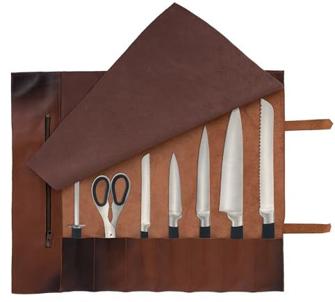 Full Grain Handmade Cognac Brown Leather Knife Storage Roll, Tool Holder, Leather Knife Roll Bag,Handcrafted Chef Birthday Gift, Chef Case Knife Storage Roll(7 Pockets)